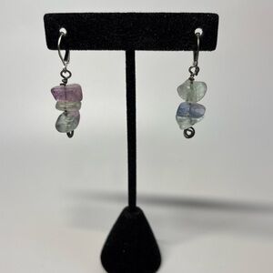 Natural Stone Chip Dangle Earrings | Fluorite Tones | Silver Tone Hooks